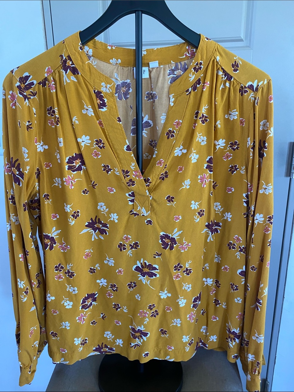 Gap Mustard Floral V-Neck Long Sleeve Blouse- Medium